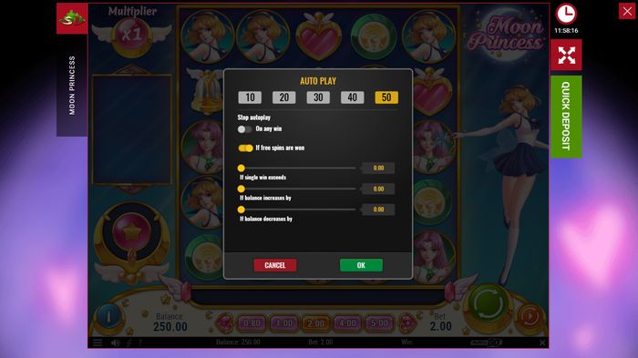Наcтройки Auto Play в слоте Moon Princess Play'n GO