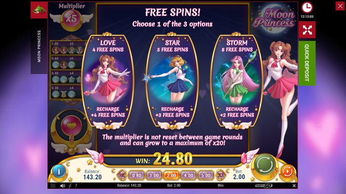 АвтоматMoon Princess: режим Free Spins, возможность выбрать вариант бонусной игры
