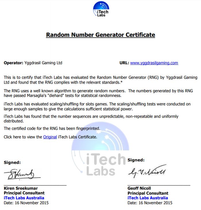 iTech Labs Certificate: ГСЧ Yggdrasil Gaming успешно прошел проверку