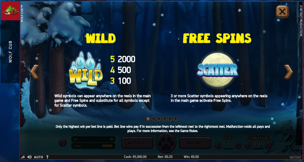 Дикий символ и знак разброса в Wolf Cub Slot