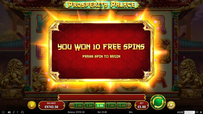 Поздравление с выигрышем 10 бесплатных вращений в Prosperity Palace