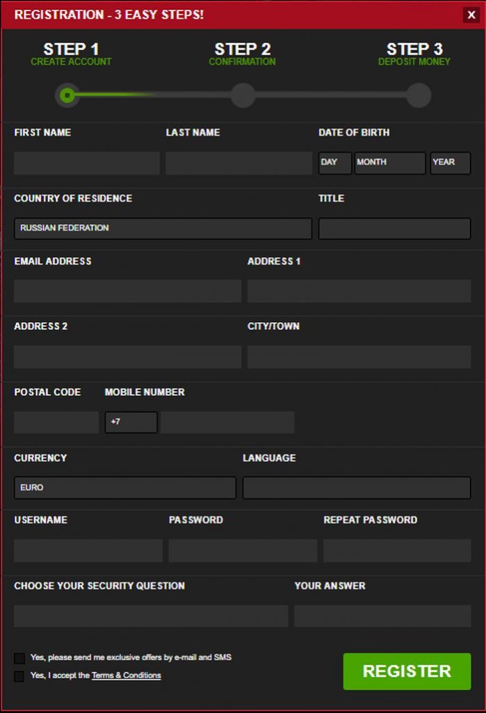 Registration in online casino with slots: registration form